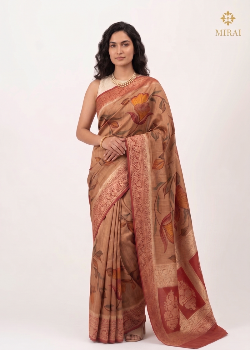 Banarasi Moonga Silk Saree-Sandal