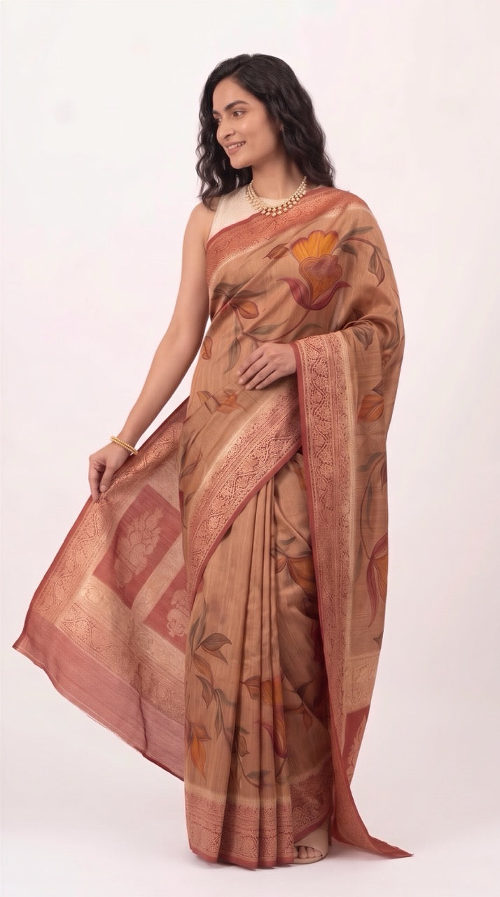 Banarasi Moonga Silk Saree-Sandal